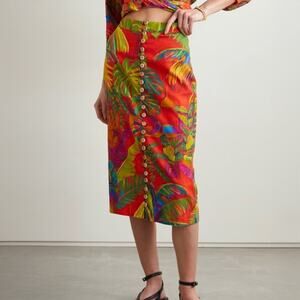 Farm Rio Urban Jungle Linen Blend Button Front Midi Skirt Size M